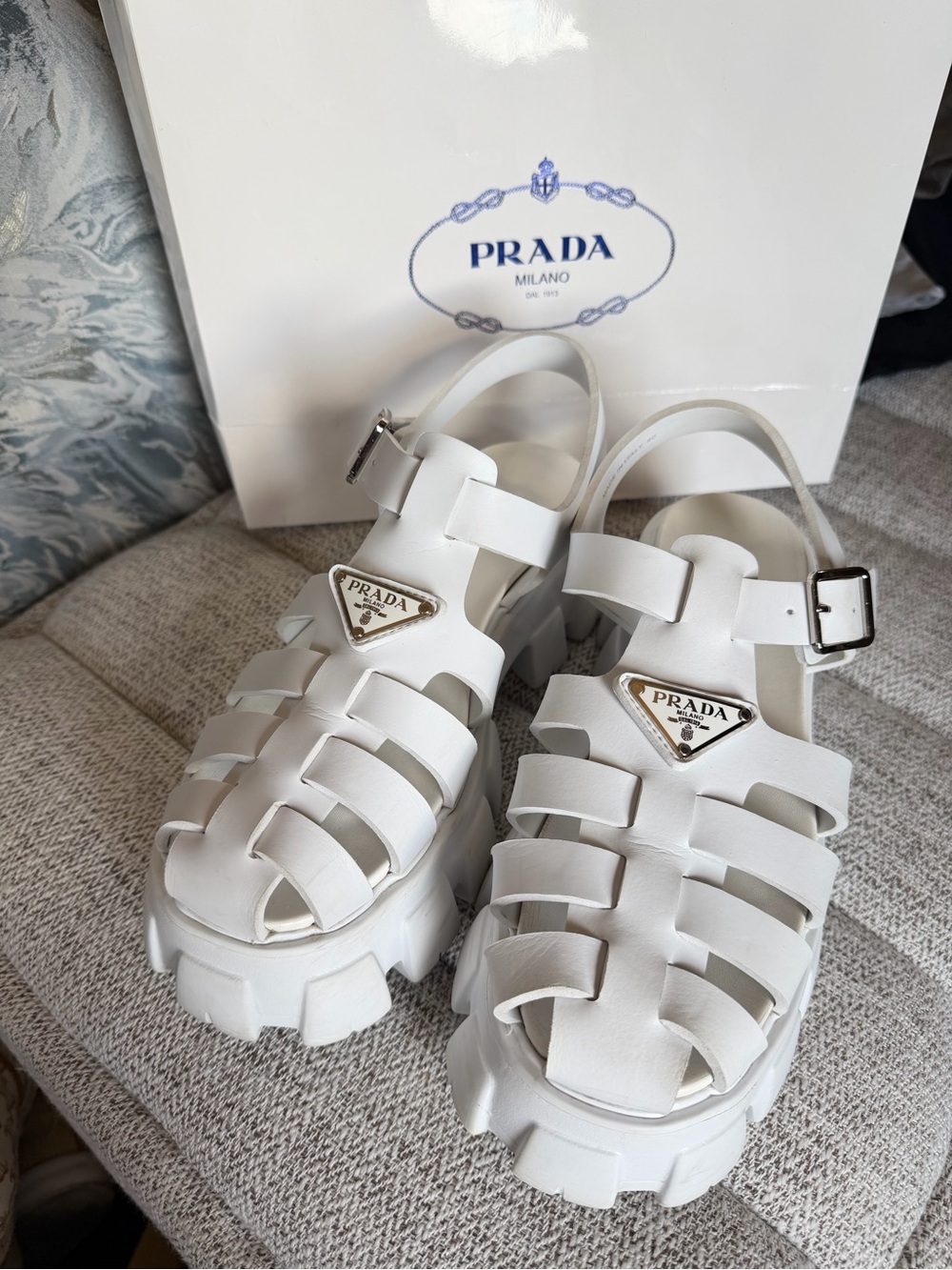 Prada White Leather Lug-Sole Fisherman Sandals USA 39